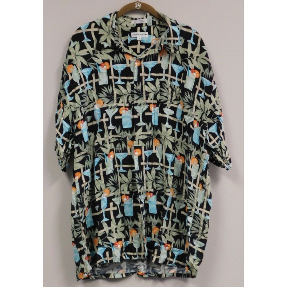 Pierre Cardin Mens Hawaiian Shirt Floral XL Short Sleeve Bamboo & Drinks